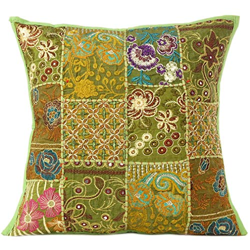 EYES OF INDIA - 16" Olive Green Patchwork Decorative Pillow Sofa Cushion Cover Case Couch Throw Bohemian Accent Indian Colorful Boho Chic Handmade Cover ONLY von Eyes of India