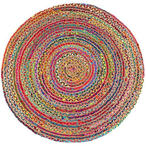 EYES OF INDIA - 4 ft Round Colorful Natural Jute Chindi Sisal Woven Area Braided Rug Boho Chic Bohemian Accent Indian Handmade Handwoven von Eyes of India
