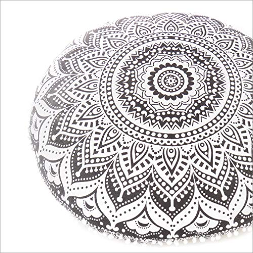 Eyes of India Mandala-Bodenkissenbezug, Meditationskissen, Überwurf, Hippie, rund, bunt, dekorativ, böhmisch, indischer Pouf, Ottomane, nur handgefertigter Bezug (OMB-Schwarz, 80 cm Durchmesser) von Eyes of India