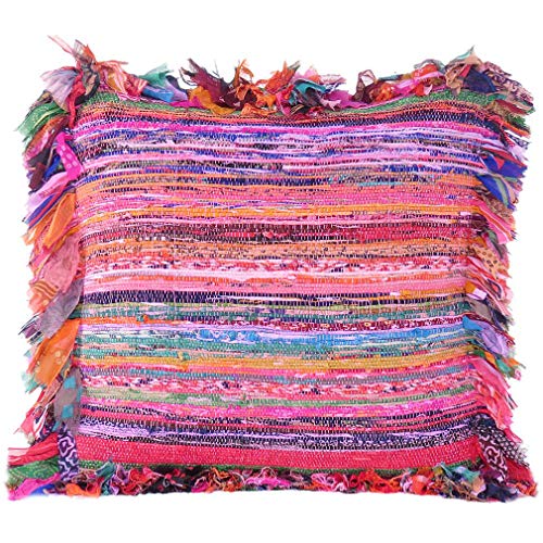 Eyes of India - 12" Pink Chindi Rag Rug Decorative Pillow Throw Sofa Cushion Cover Case Couch Bohemian Accent Indian Colorful Boho Chic Handmade Cover ONLY von Eyes of India