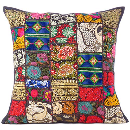 Eyes of India - 16" Black Patchwork Decorative Pillow Couch Cushion Cover Case Sofa Throw Indian Bohemian Accent Colorful Boho Chic Handmade Cover ONLY von Eyes of India