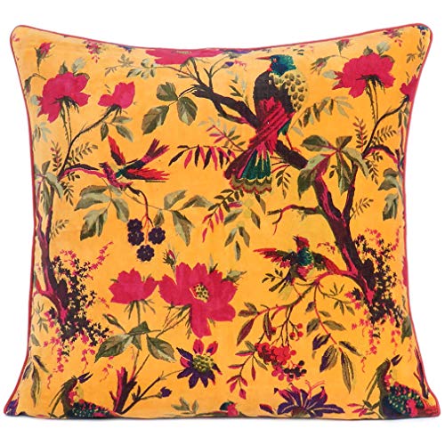 Eyes of India - 16" Yellow Orange Velvet Floral Flower Bird Decorative Pillow Throw Sofa Cushion Cover Case Couch Bohemian Accent Colorful Boho Chic Indian Handmade Cover ONLY von Eyes of India