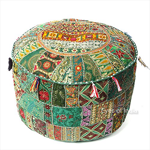 Eyes of India - 17 X 12 Small Green Patchwork Round Ottoman Pouf Pouffe Cover Floor Seating Boho Chic Bohemian Accent Indian Handmade Eyes of India - 17 X 12 Small Green Patchwork Round Ottoman Pouf Pouffe Cover Floor Seating Boho Chic Bohemian Accent Indian Handmade von Eyes of India
