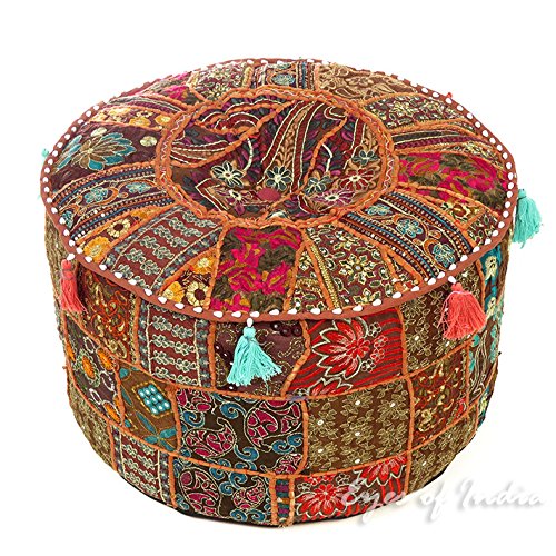 Eyes of India - 17 X 12 Small Red Patchwork Round Ottoman Pouf Pouffe Cover Floor Seating Indian Bohemian Accent Boho Chic Handmade von Eyes of India