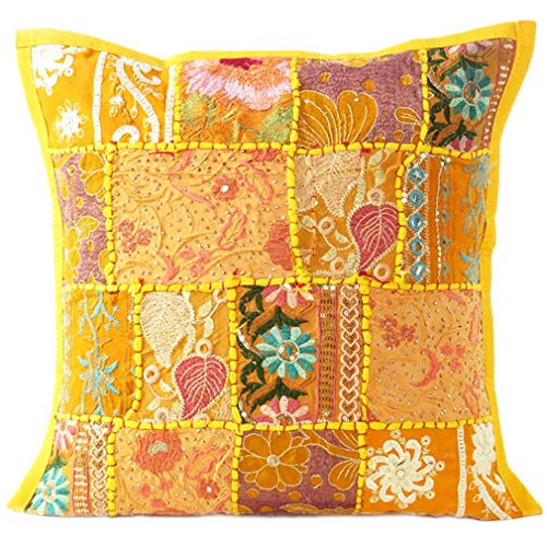 Eyes of India - 20" Yellow Colorful Decorative Patchwork Throw Pillow Cushion Cover Case Indian Bohemian Accent Boho Chic Handmade von Eyes of India
