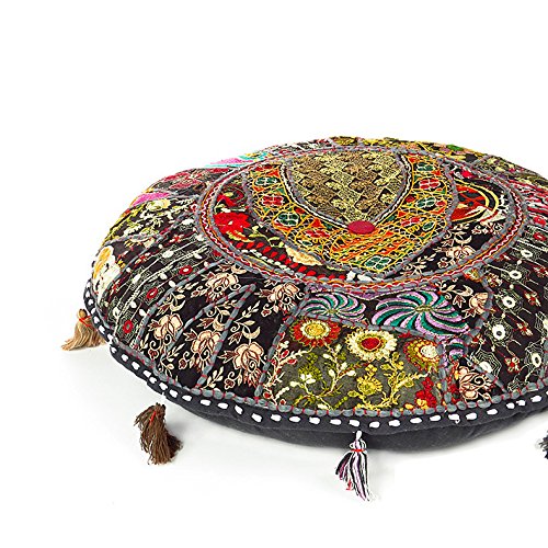 Eyes of India - 22" Black Patchwork Round Colorful Decorative Floor Pillow Cover Meditation Cushion Seating Throw Bohemian Accent Boho Chic Indian Handmade Cover ONLY von Eyes of India