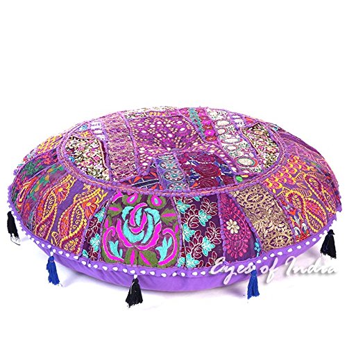 Eyes of India - 22" Purple Patchwork Round Colorful Decorative Floor Pillow Cover Meditation Cushion Seating Throw Indian Bohemian Accent Boho Chic Handmade Cover ONLY von Eyes of India