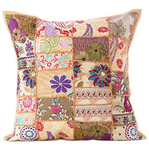 Eyes of India - 24" Big Brown Patchwork Decorative Pillow Sofa Cushion Cover Case Couch Throw Bohemian Accent Colorful Boho Chic Indian Handmade Cover ONLY von Eyes of India