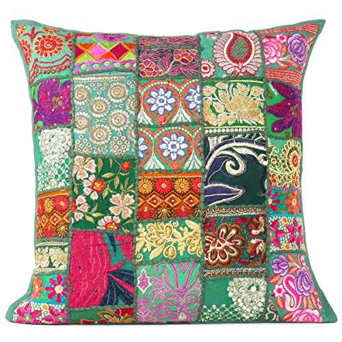 Eyes of India - 24" Big Green Patchwork Colorful Decorative Sofa Couch Pillow Cover Case Cushion Throw Indian Bohemian Accent Boho Chic Handmade Cover ONLY von Eyes of India