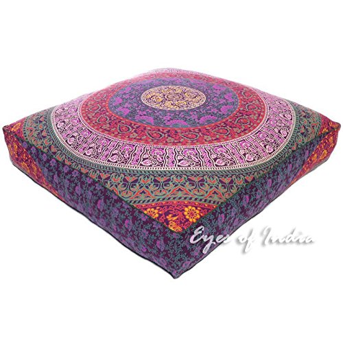 Eyes of India - 35" Rosa Blau Grün Quadratisch GroßÜbergröße Boden Meditation Kissenbezug Hocker Mandala Hippie Bunt Dekorative Böhmisch Akzent Indisch Boho Chic Hundebett Handgefertigt Abdeckung von Eyes of India