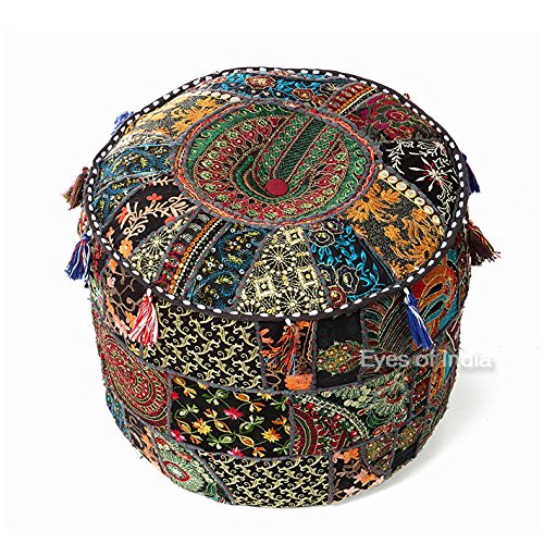 Eyes of India - Bestickter Patchwork-Pouf, rund, Ottomane, Bodensitz, Boho-Chic, Bohemian-Akzent, indisch, handgefertigt (schwarz, 43,2 x 30,5 cm) von Eyes of India