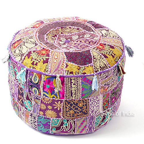 Eyes of India - Bunt Flickwerk Rund Polsterhocker Sitzkissen Abdeckung Boden Sitz Boho Chic Bohemian Akzent Indische Handarbeit - Lila, 22 X 12 in. (55 X 30 cm) von Eyes of India