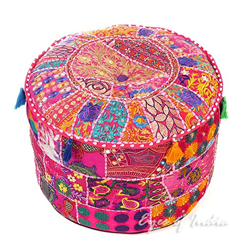 Eyes of India - Bunt Flickwerk Rund Polsterhocker Sitzkissen Abdeckung Boden Sitz Boho Chic Bohemian Akzent Indische Handarbeit - Rosa, 17 X 12 in. (43 X 30 cm) von Eyes of India