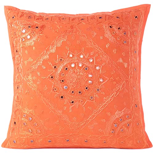 Eyes of India - Spiegel Bestickt Dekorativ Sofa Couch Kissenbezug Überwurf Schutzhülle Bohemian Akzent Boho Chic Bunt Indische Handarbeit Abdeckung - Orange, 16 X 16 in. (40 X 40 cm) von Eyes of India