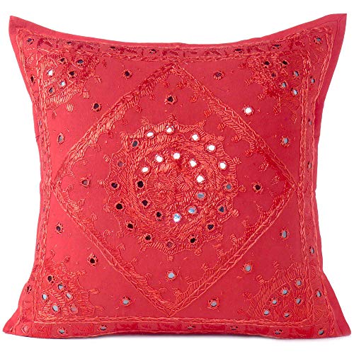 Eyes of India - Spiegel Bestickt Dekorativ Sofa Couch Kissenbezug Überwurf Schutzhülle Bohemian Akzent Boho Chic Bunt Indische Handarbeit Abdeckung - Rot, 16 X 16 in. (40 X 40 cm) von Eyes of India