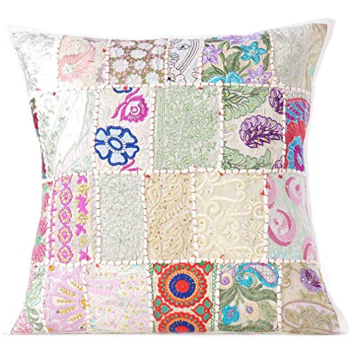 Eyes of India - Voller Farben Patchwork Dekokissen Sofa Kissen Fall Fall Fall Sofa Indien Bohemian Akzent Boho Chic handgefertigt – Weiß, 40 x 40 cm von Eyes of India