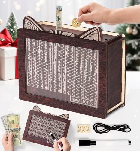 Fortune Box Spardose aus Holz Katzenohrform Sparbox 10000 Euro Sparen, Geld Sparen Challenge Spardose Erwachsene Kinder Sparbox mit Zahlen Ankreuzen (Braun) von Eyezeeption