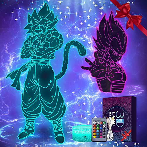 2-in-1 Goku&Vegeta Geschenke Spielzeug Dekoration Nachtlicht 3D LED Illusion Lampe Mit Fernbedienung & Touch 7 Farben + 16 Farben wechselnd Opreated Dimmbare Nachttischlampe für Kinder Männer Fans von Eygerur