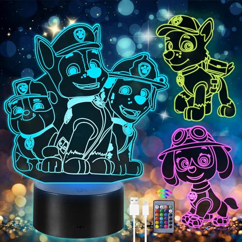 3 Stück Paw Dog Patrol Nachtlicht für Kinder,Paw Dog Patrol Spielzeug ab 2 3 4 5 6 7 Jahre Jungen Mädchen Geschenk,Paw Dog Patrol Lampe,3D LED Nachttischlampe,16 Farben Ändern mit Fernbedienung von Eygerur