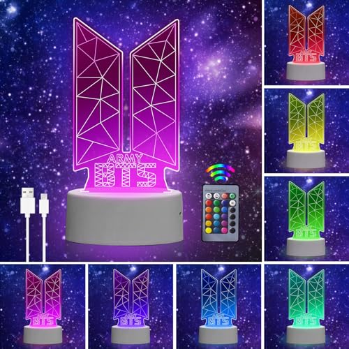 Eygerur Kpop BTS Geschenke Spielzeug Dekoration Nachtlicht 3D LED Illusion Lampe Mit Fernbedienung & Touch 7 Farben + 16 Farben wechselnd Opreated Dimmbare Nachttischlampe für Kinder Männer BTS Fans von Eygerur
