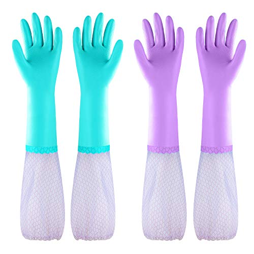 Eygood Haushaltshandschuhe Latexfrei Wasserdicht Putzhandschuhe mit Baumwolle Innenfutter Langarm Gartenhandschuhe Wiederverwendbare Spülhandschuhe für Küche, Garten, Badezimmer, Spülen (2 Paare) von Eygood
