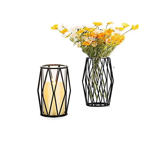 EylKoi Vase Schwarz mit Geometrische Metallgestell 2Stk Schwarz Vase, Große Vasen Pampasgras, Moderne Große Vasen für Wohnzimmer, Draht für Pampasgras, Zuhause, Regal, Hochzeit, Esstisch, H: 21.5cm von EylKoi