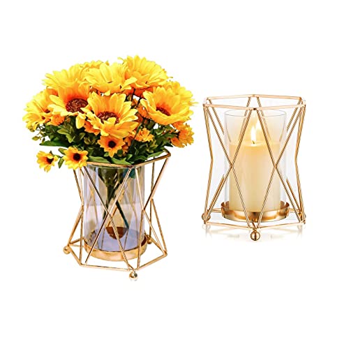 Vase Gold Home Decor EylKoi: 2pcs Vase Geometrisch Goldene Vase für Pampasgras Große Vase Blumenvase Hohe Metallic Pillar Candle Holders Fireplace Mantel Decorations Hochzeit Mittelstücke für Zuhause von EylKoi