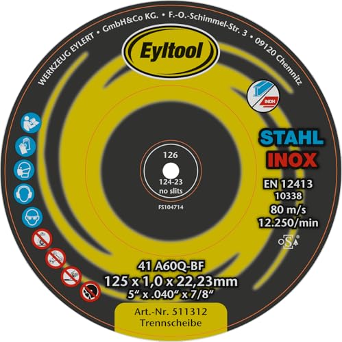 Trennscheibe Stahl/VA gerade D125mm B2,5mm Bohrung 22,23mm 25 Stück Trennscheibe Stahl/VA gerade D125mm B2,5mm Bohrung 22,23mm 25 Stück von Eyltool