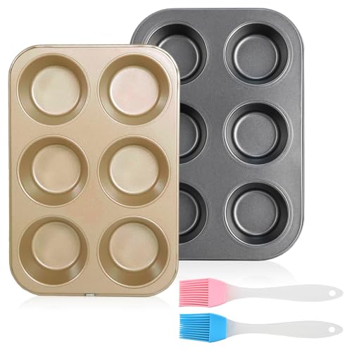 Eymobad Muffinförmchen,2er Pack Karbonstahl Muffinblech für 6 Muffins,mit 2pcs KüChenbüRsten,Antihaftbeschichtung,Kohlenstoffstahl,Muffin Backform,ideal für Muffins Kuchen und Toast von Eymobad