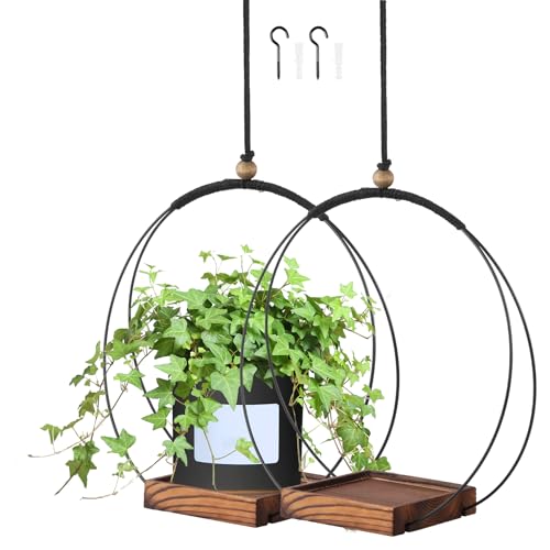 2 Stück Blumenampel Holz Hängend Höhe 110cm, Hängend Innen Holz Blumentopf mit Kreativem Eisenring, Holzsockel, Haken, für Wohnzimmer Schlafzimmer Badezimmer Büro von Eyoulife