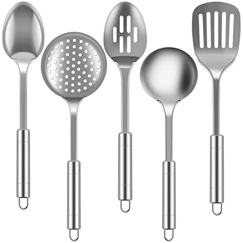 5 Teiliges Kochutensilien Set Edelstahl, Küchenutensilien mit 2 x Sieb 2 x Suppenlöffel 1 x Spatel Küchenhelfer Set Aufhängbar Robust Esszimmer Küche zum Kochen von Eyoulife