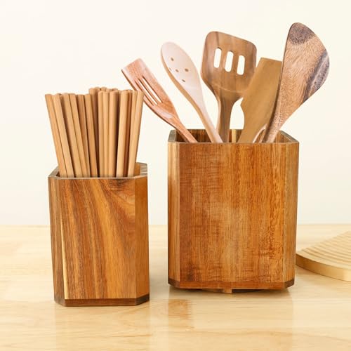 Eyoulife 2 Teiliges Utensilienhalter Küche Drehbar 360° mit Drainagelöcher Küchenutensilienhalter Drehbar Behälter Küchenutensilien Holz für Küchenutensilien Geschirr Stifte (Stil 2) von Eyoulife
