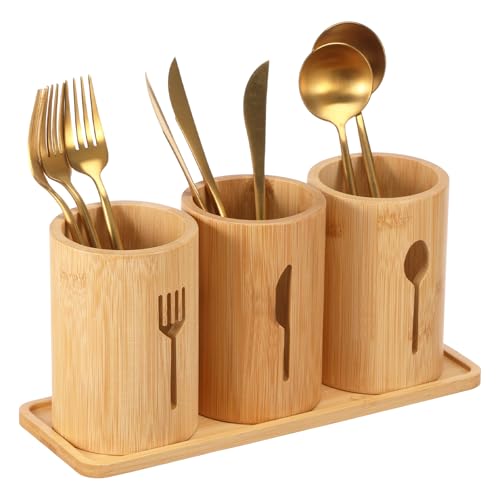 Eyoulife 3 Stück Küchenutensilienhalter 9x9x13 cm mit Herausnehmbarem Tablett Utensilienhalter Küche Holz für Spatel Messer Gabeln Löffel Essstäbchen von Eyoulife