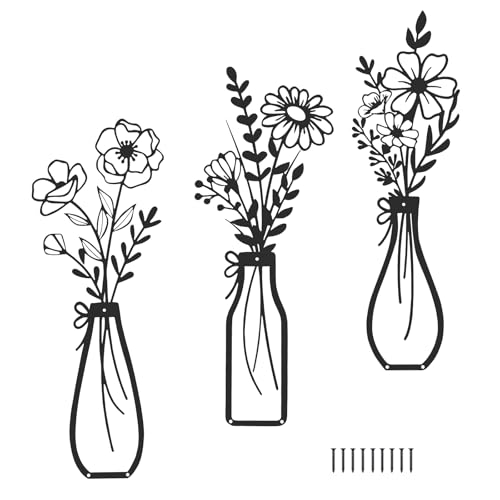 Eyoulife 3 Stück Wanddeko Metall Blumen, Wandskulptur Blumen Schwarz Robust, Wanddekoration Metall Vase für Terrasse Wohnzimmer Badezimmer Schlafzimmer Esszimmer Küche Café (Schwarz) von Eyoulife