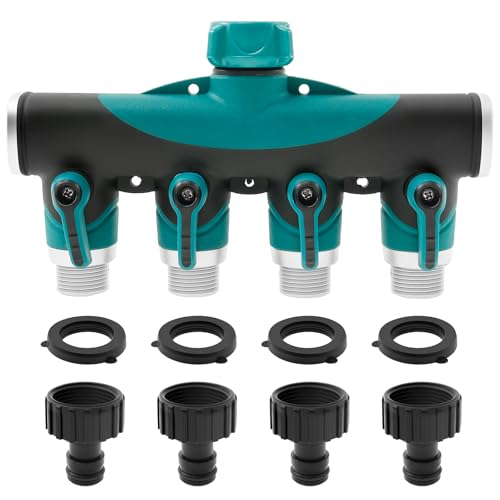 Eyoulife 4 Wege Verteiler mit Unabhängiges Regelventil Einstellbar Verteiler Wasserhahn Wasserverteiler mit 3/4 Zoll Wassereinlass 1/2 Zoll Adapter zum Gießen Reinigen von Eyoulife