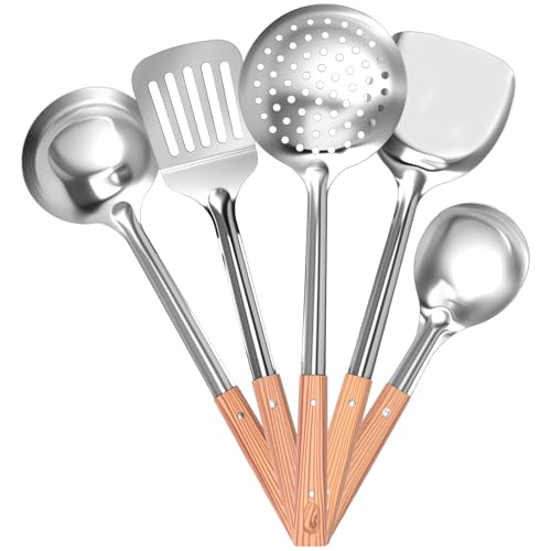 Eyoulife 5 Teiliges Kochutensilien Set Edelstahl Aufhängbar Küchenutensilien mit Pfannenwender Suppenlöffel Schlitzspatel Schlitzlöffel Reislöffel Küchenhelfer Set Leicht Reinigen (5 Teiliges) von Eyoulife