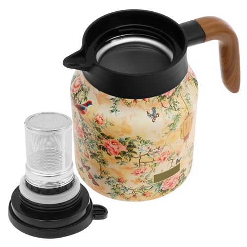 Eyoulife Thermoskanne Edelstahl 1000ml, Thermo Teekanne Dicht mit Retro Blumenmuster, V Förmiger Ausguss, Integriertes Teesieb, Handhaben, für Haus Wohnung (Beige) von Eyoulife