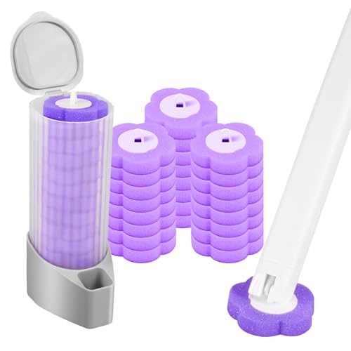 Toilettenbürste mit 24 Biologisch Abbaubare Ersatzbürstenköpfe Reinigungsflüssigkeit Bürstenhalter Klebeband, für Toiletten Duschen Waschbecken (Reinigungsbürste + Lavendel-Ersatzkopf) von Eyoulife