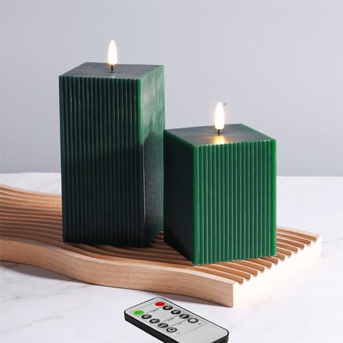 Eywamage 2 Pack Green Square Flameless LED Candles with Remote, Flickering Real Wax Battery Pillar Candles D 3" H 4" 6" von Eywamage