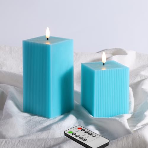 Eywamage 2 Pack Turquoise Blue Square Flameless LED Candles with Remote, Flickering Real Wax Battery Pillar Candles D 3" H 4" 6" von Eywamage