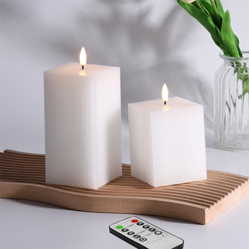 Eywamage 2 Pack White Square Flameless LED Candles with Remote, Flickering Real Wax Battery Pillar Candles D 3" H 4" 6" von Eywamage