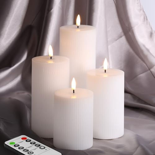 Eywamage 4 Pack White Flameless LED Pillar Candles with Remote Control, Flickering Tall Battery Operated Candles D 3" H 4" 5" 6" 8" von Eywamage