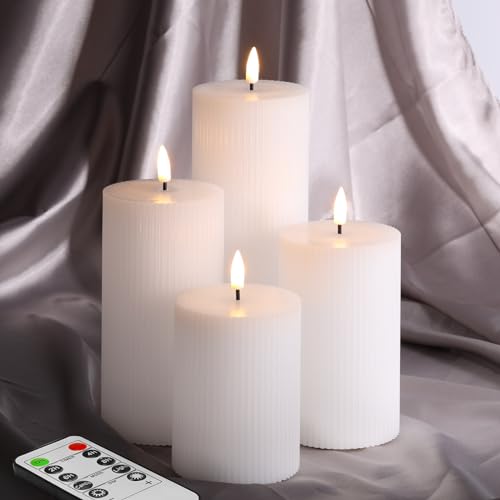 Eywamage Weiß Groß LED Stumpenkerzen mit Fernbedienung, Flammenlose Wachs Batterie Kerzen 4 Stück Φ 3" H 4" 5" 6" 8" von Eywamage