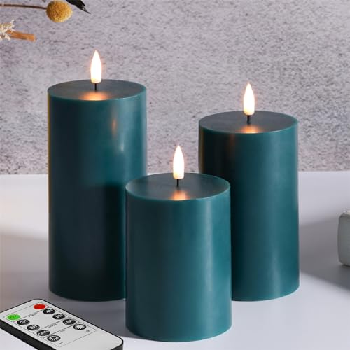 Eywamage Grün Flammenlose Stumpenkerzen mit Fernbedienung, Batteriebetriebene Wachs LED Kerzen 3 Stück von Eywamage