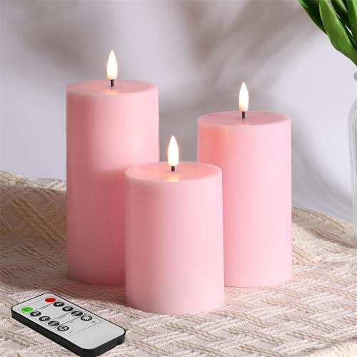 Eywamage Rosa Flammenlose Stumpenkerzen mit Fernbedienung, Flackernde Batterie LED Wachs Kerzen 3 Stück von Eywamage