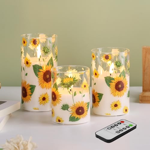 Eywamage Sunflower LED-Glaskerzen mit Fernbedienung, flackernde flammenlose Batteriekerzen, 3er-Set Φ 3" H 4" 5" 6" von Eywamage