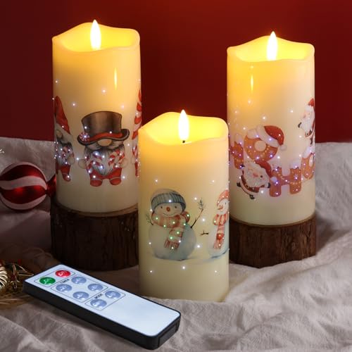 Eywamage Weihnachtskerzen mit Fernbedienung, Weihnachtsmann Schneemann Faser Optik Flammenlose LED Stumpenkerzen 3er-Pack von Eywamage