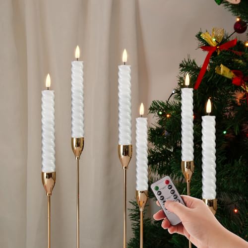 Eywamage Weiße, kurze flammenlose LED-Kerzen mit Fernbedienung, 17,8 cm, flackernde Echtwachs-Batterie, spiralförmige Kerzenständer, 6 Stück von Eywamage