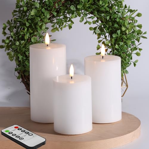 Eywamage Weiß Flammenlose Stumpenkerzen mit Fernbedienung, Flackernde Batterie LED Wachs Kerzen 3 Stück von Eywamage