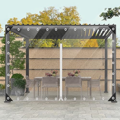 Ezcasch Plane Transparent mit Reißverschluss Nach Maß- Innerhalb von 3.5x8m(Höhe x Breite) Durchsichtige Plane mit Ösen, 420g/m² Abdeckplane Wasserdicht Klare Abdeckfolie Windschutz für Außenbereich von Ezcasch